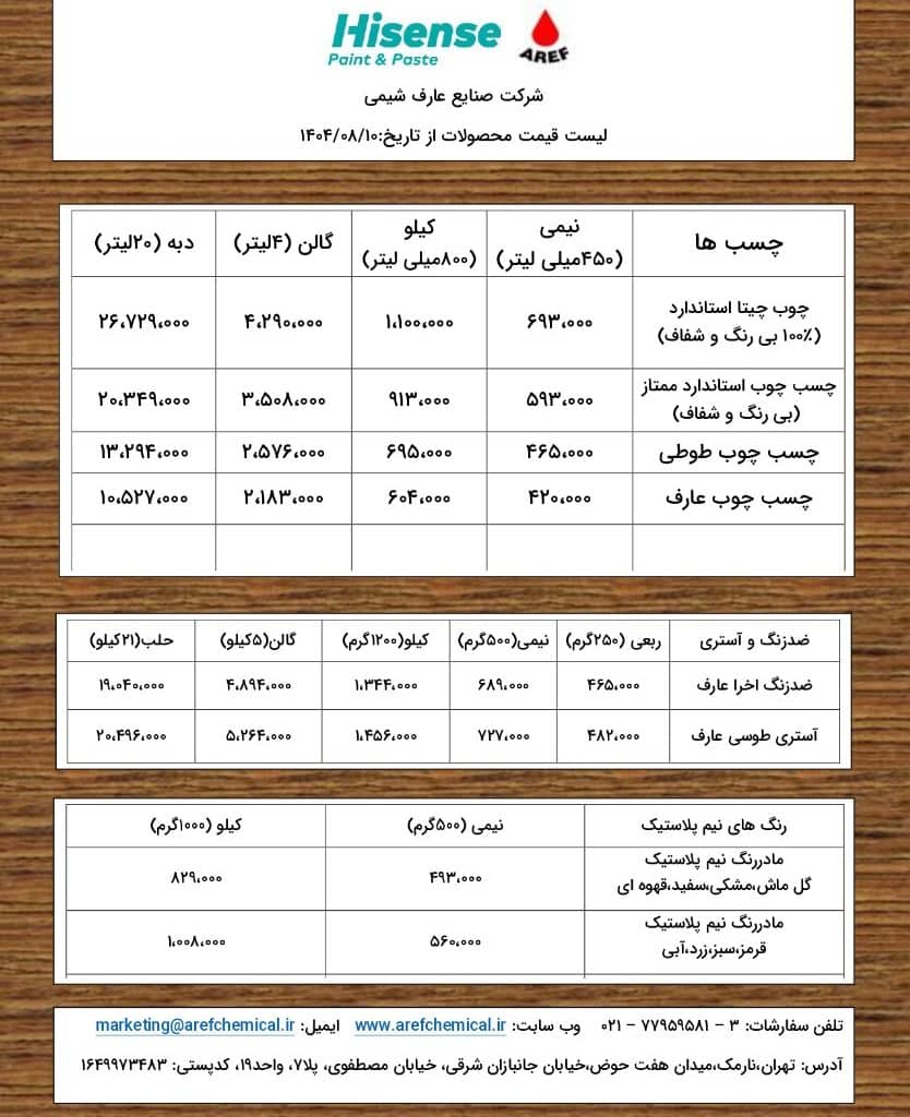 لیست قیمت محصولات چسب و رنگ عارف شیمی - 2025 - 1404 - جدیدترین قیمت عارف شیمی
